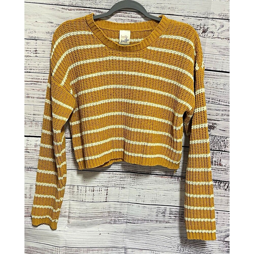 Belle Du Jour Mustard Yellow Striped Cropped Textured Knit Crew Sweater M
